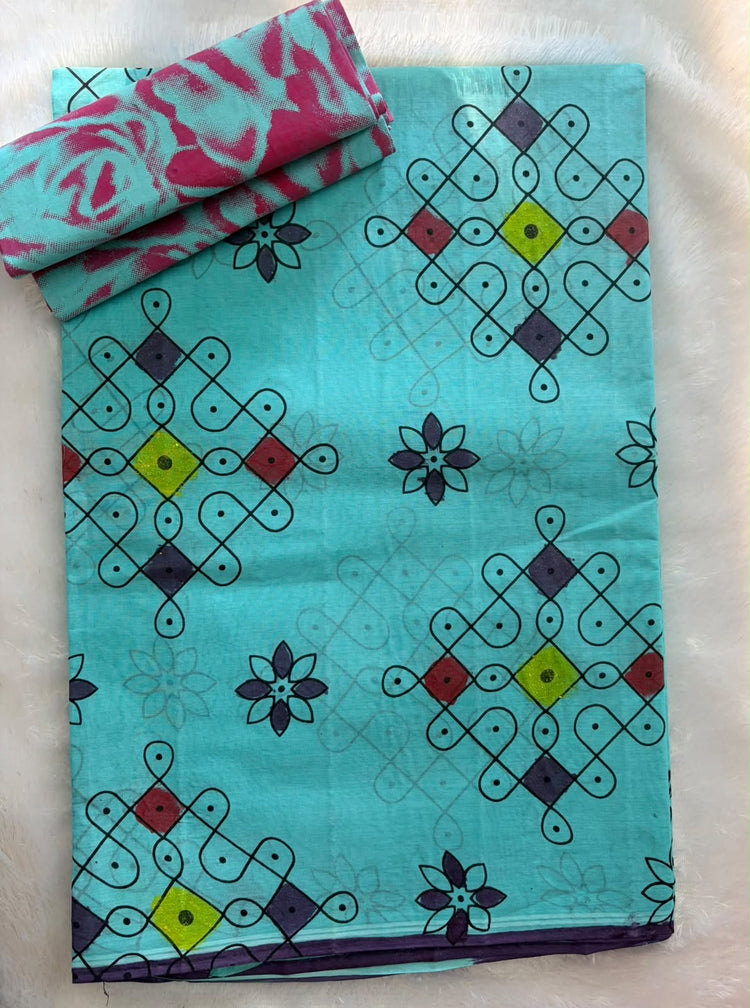 Pure Cotton Muggu Saree- Blue