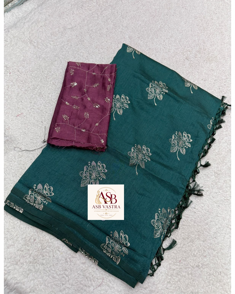 Bottle green butter silk saree with floral work and wine contrast blouse