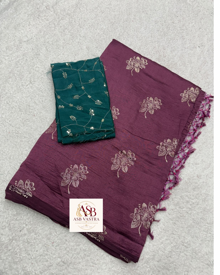 Maroon butter silk saree with mehendi green contrast blouse