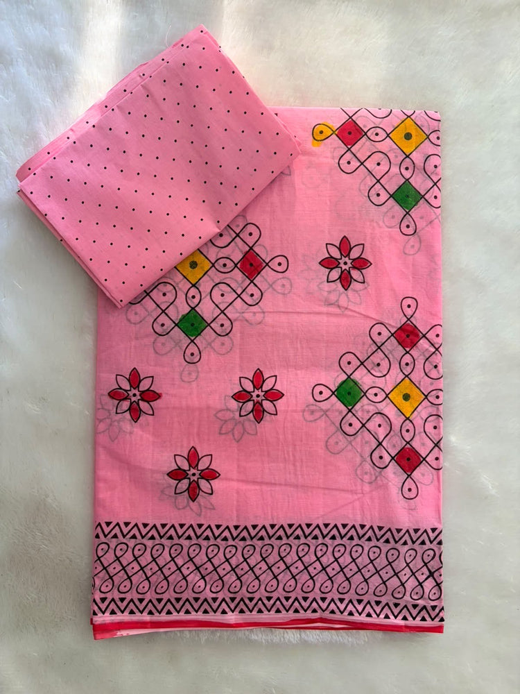 Pure Cotton Muggu Saree-Pink