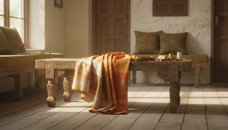 A silk saree draped over a carved wooden bench