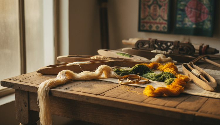 Silk threads and wooden shuttles on a weaver’s table