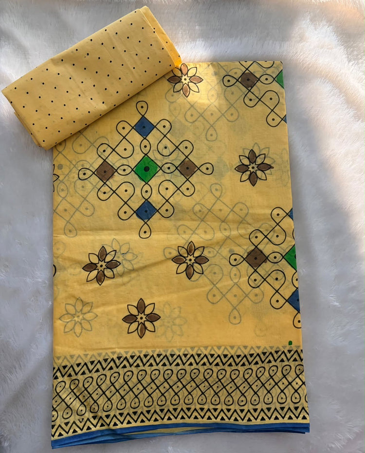 Pure Cotton Muggu Saree- Yellow